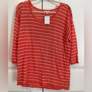 J.Jill Orange White Stripe Linen Blend Sweater Women M Button Shoulder Detail